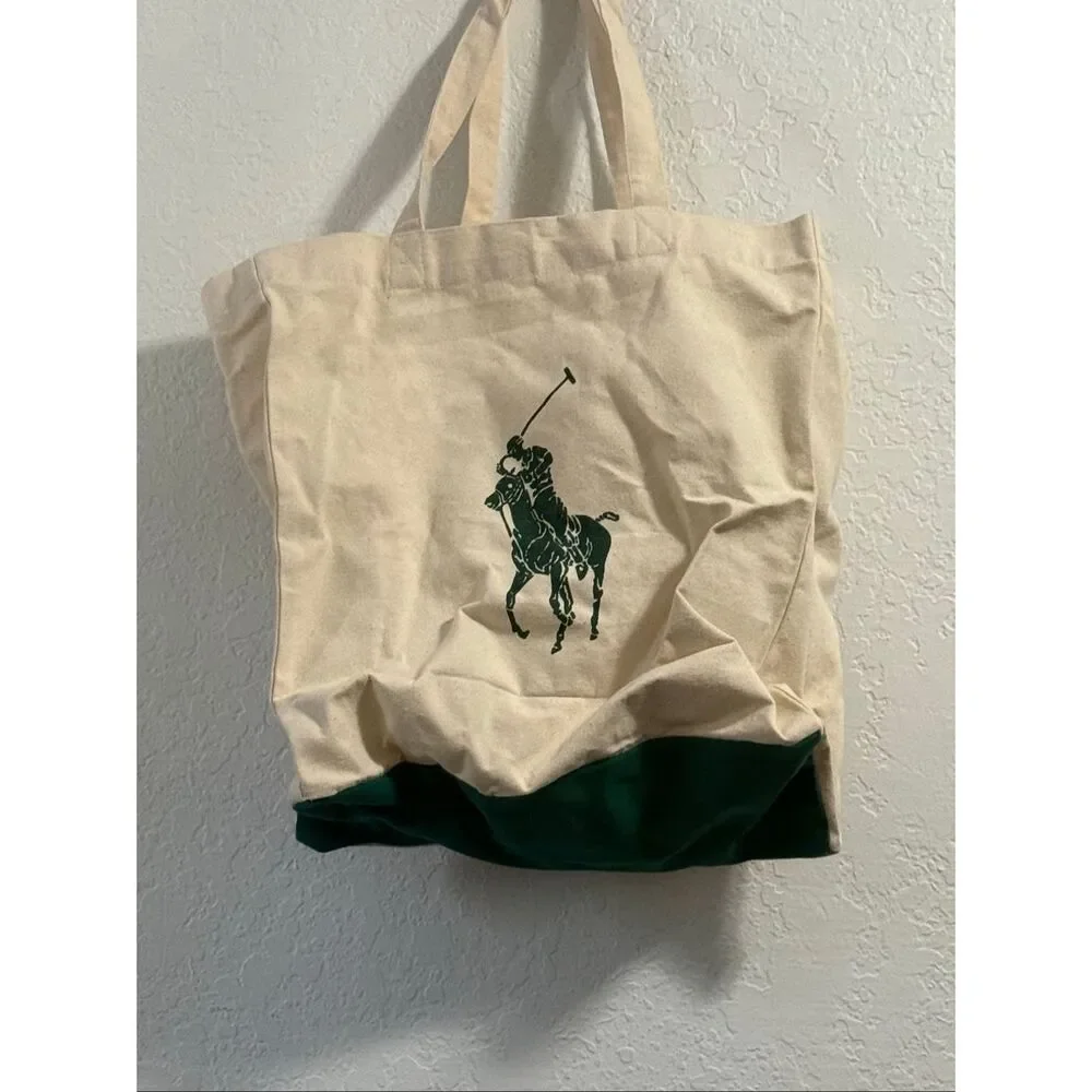 Polo Ralph Lauren Tote Bag 100% Cotton Canvas Green Logo Graphic Pony New - Picture 5 of 5
